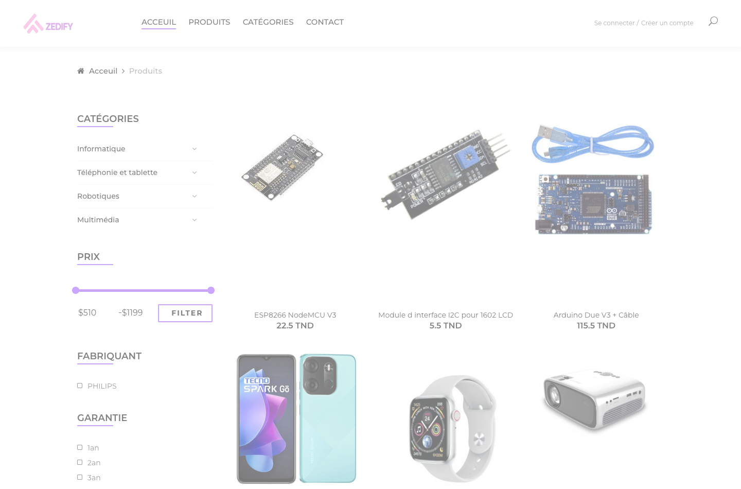 Zedify catalog page with products and filters